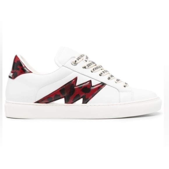 NIB Zadig & Voltaire La Flash Smooth Calfskin Sneakers 38 White Red Lightning 7 - Picture 2 of 13